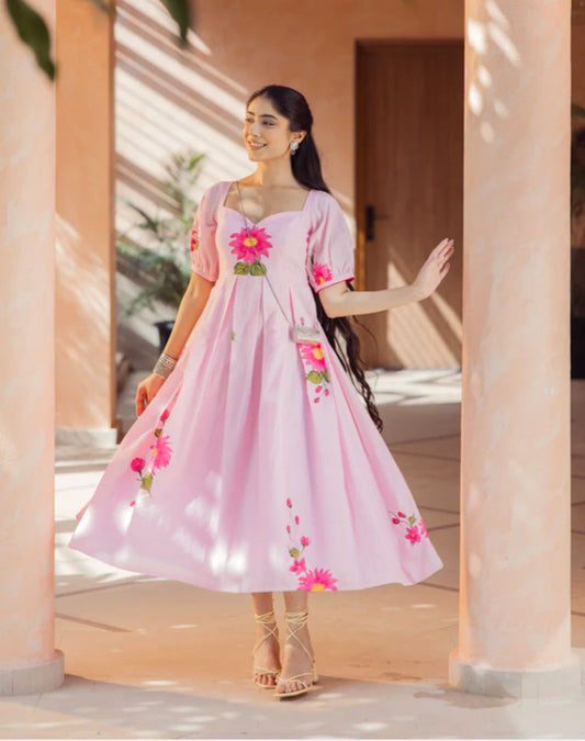 Flora – Handpainted Cotton Poplin Dress in Blush Pink