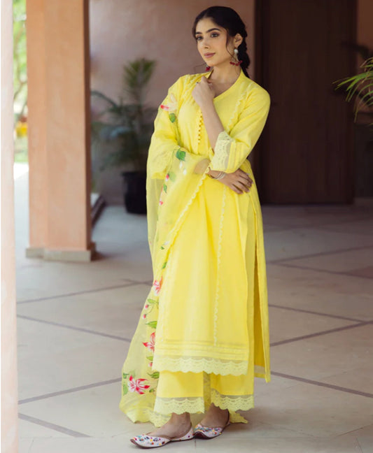 Garden Bloom – Handpainted Mul Chanderi Suit Set in Yellow