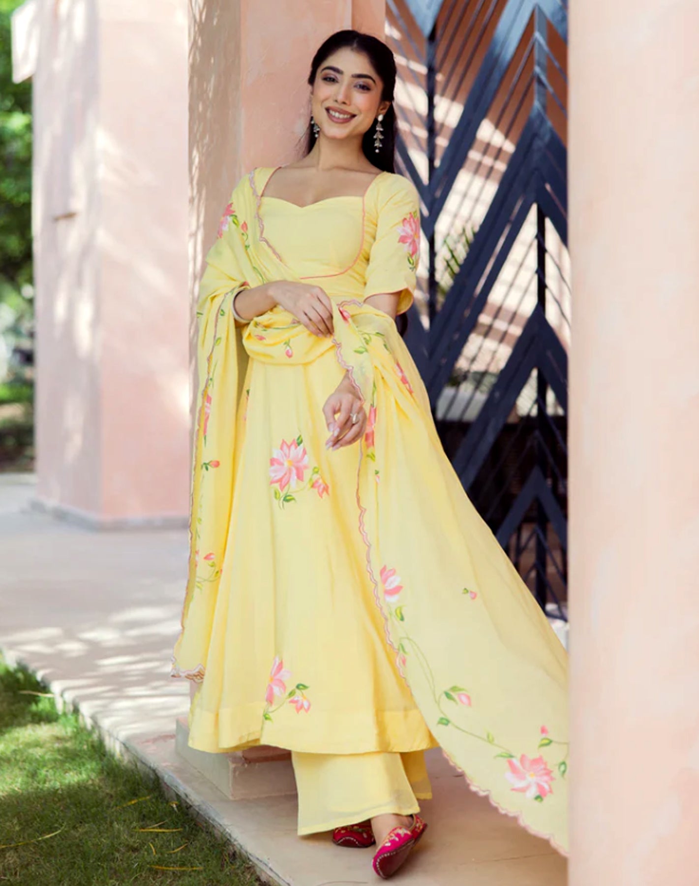 Saanjh - Handpainted Chinon Suit Set in Aura Yellow