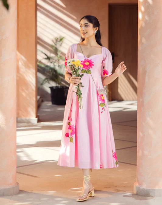 Flora – Handpainted Cotton Poplin Dress in Blush Pink