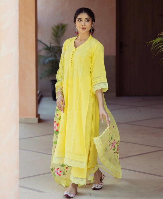 Garden Bloom – Handpainted Mul Chanderi Suit Set in Yellow