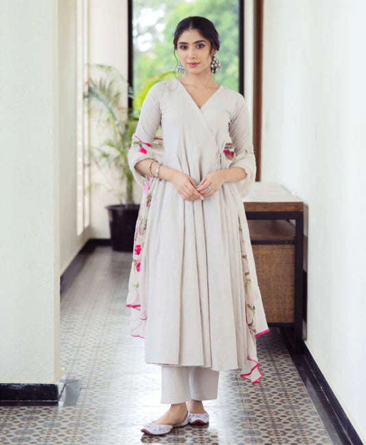 Handpainted Cotton Angrakha Suit Set in Canvas Grey