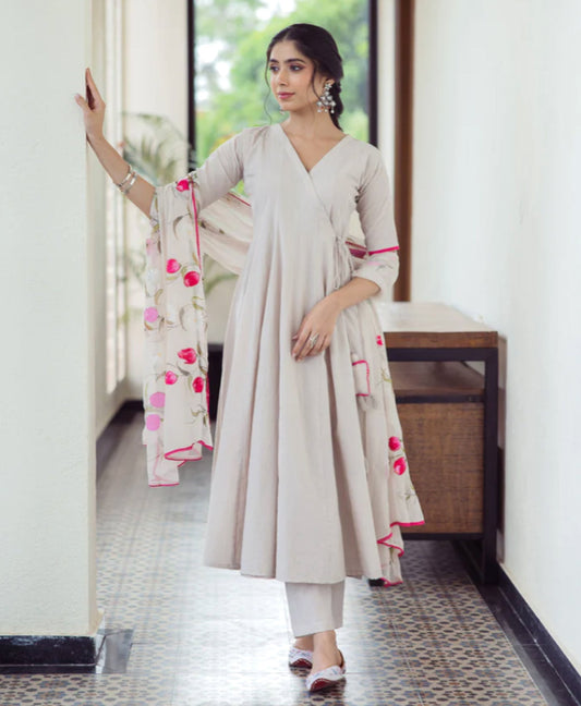 Handpainted Cotton Angrakha Suit Set in Canvas Grey