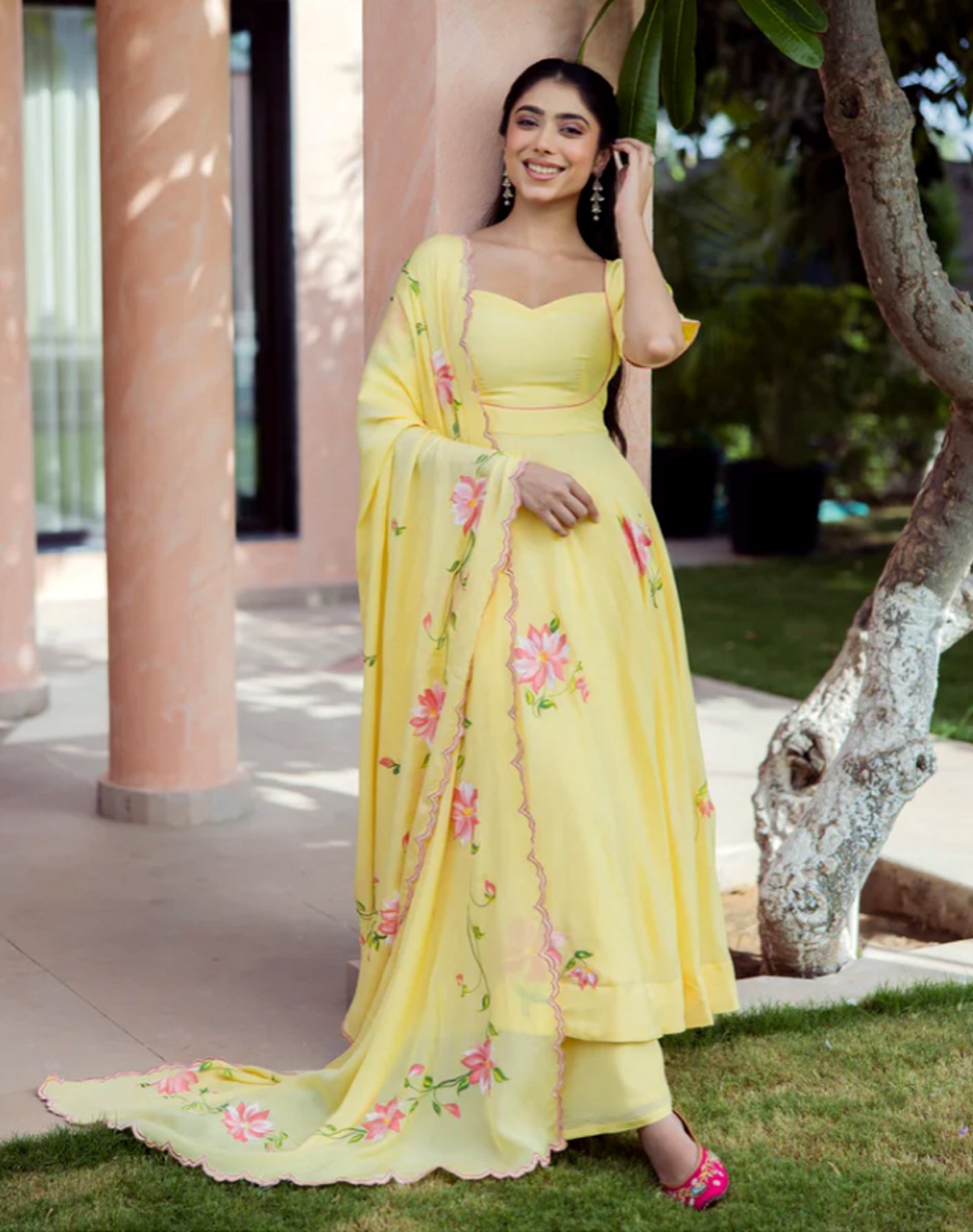 Saanjh - Handpainted Chinon Suit Set in Aura Yellow