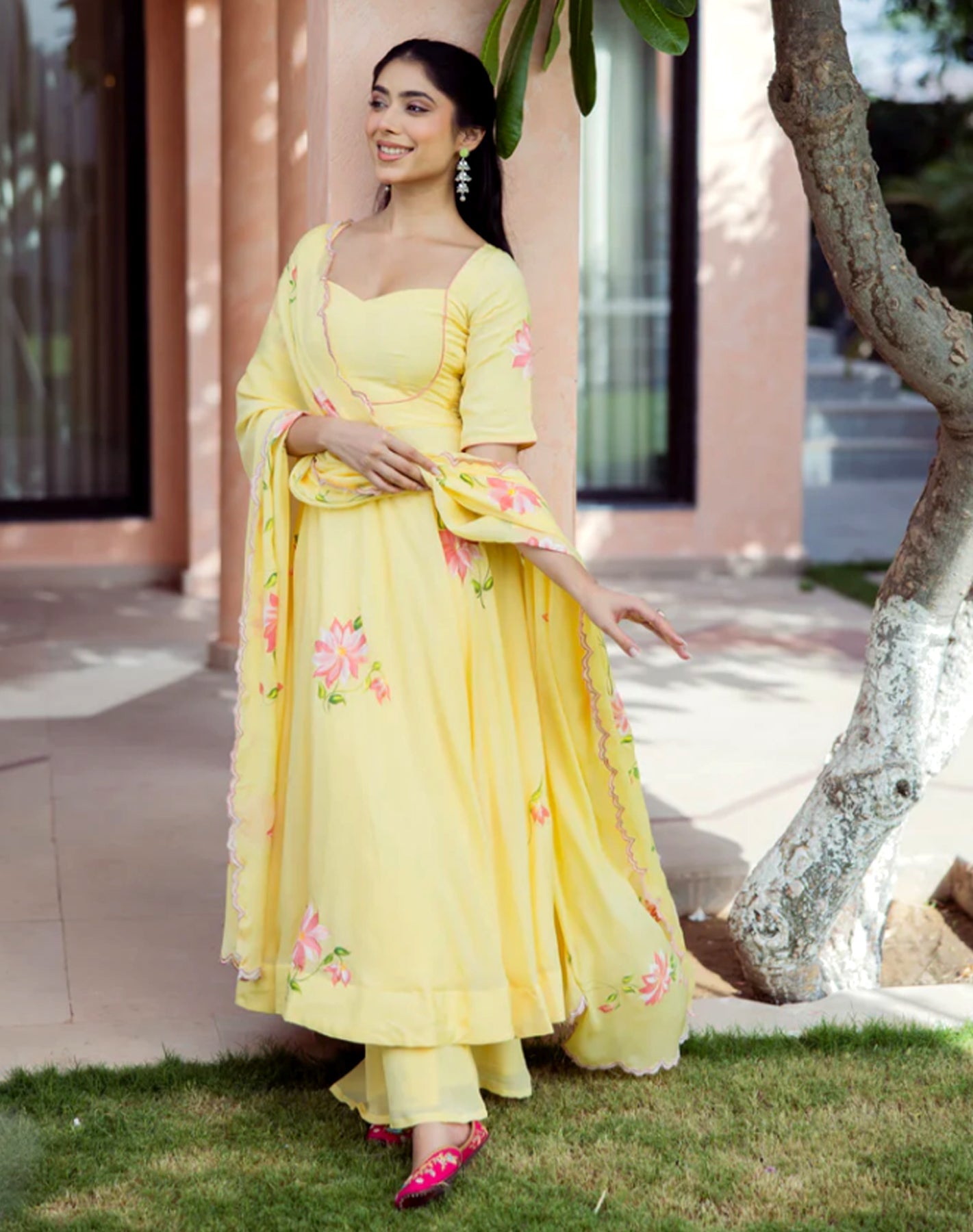 Saanjh - Handpainted Chinon Suit Set in Aura Yellow
