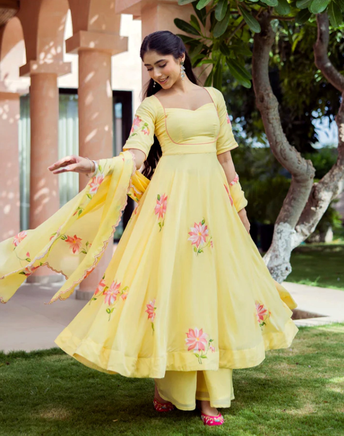 Saanjh - Handpainted Chinon Suit Set in Aura Yellow