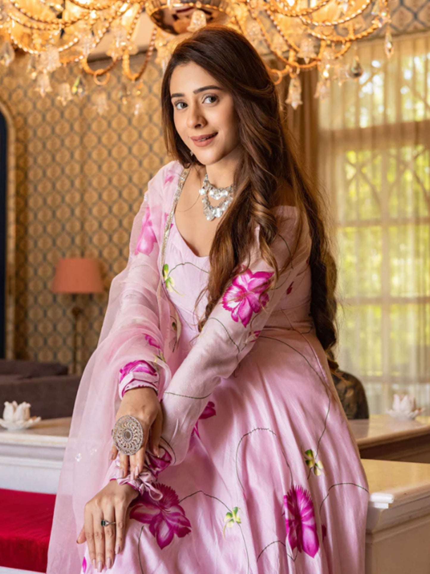 Aarohi Pink Handpainted Suit Set - Pink