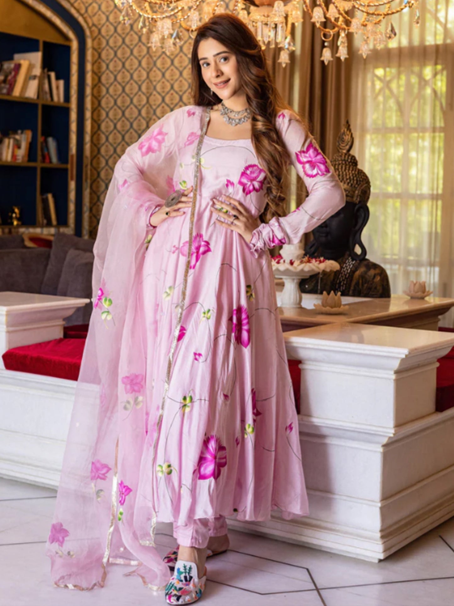 Aarohi Pink Handpainted Suit Set - Pink