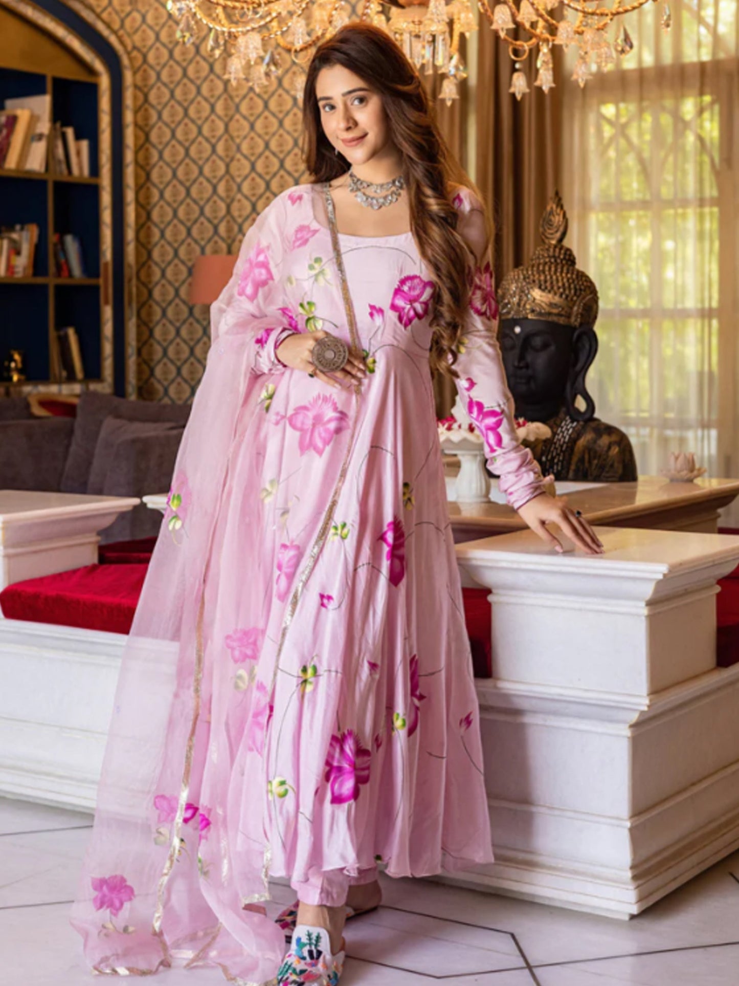 Aarohi Pink Handpainted Suit Set - Pink
