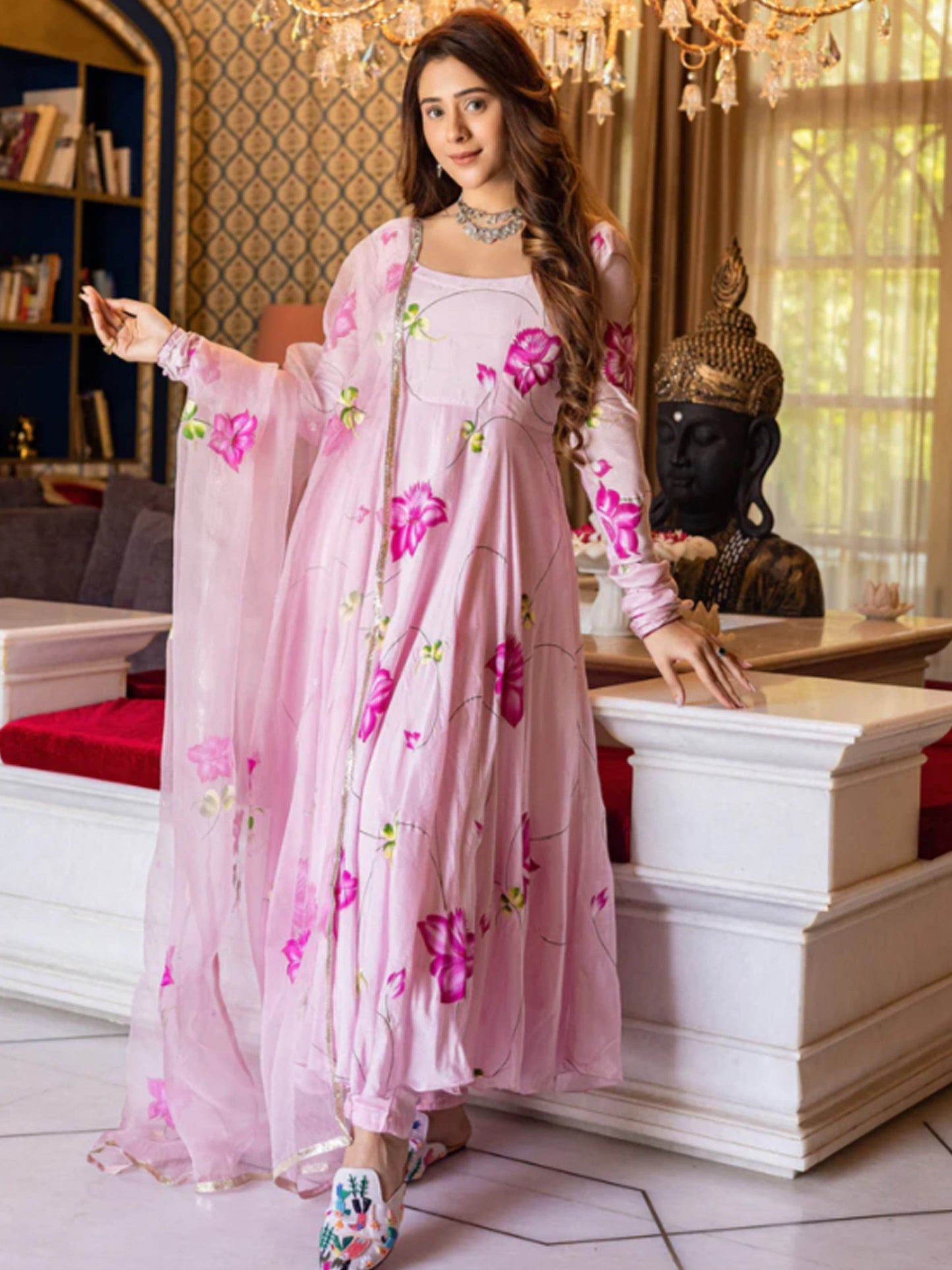 Aarohi Pink Handpainted Suit Set - Pink