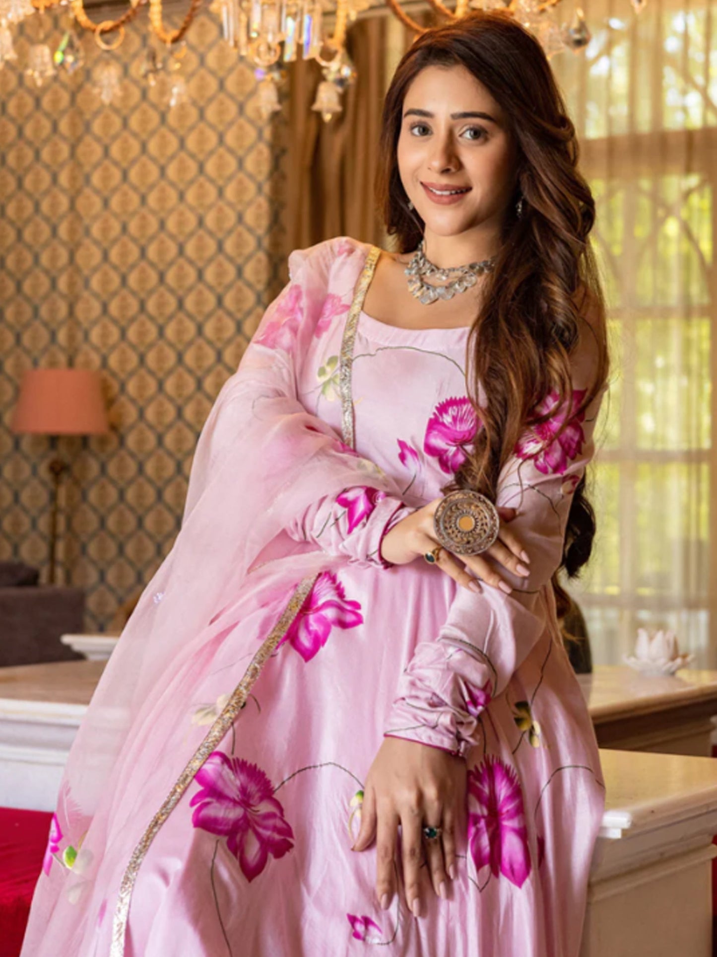 Aarohi Pink Handpainted Suit Set - Pink
